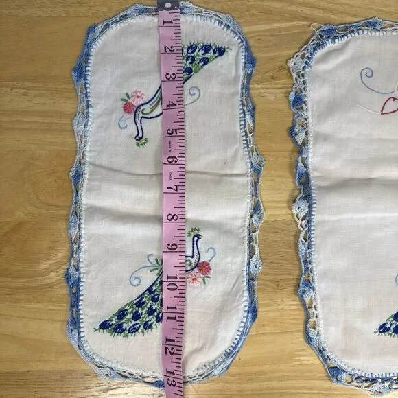 VTG Embroidered White Dresser Scarf Table Peacock Bird Flowers 39x14 Set Of 4 - Picture 11 of 16